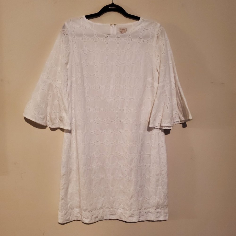 J Crew White Eyelet Bell Sleeve Dress Size Medium